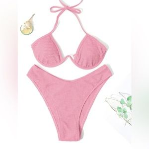 Pink Textured Halter Push Up High Cut Bikini Swimsuit Shein